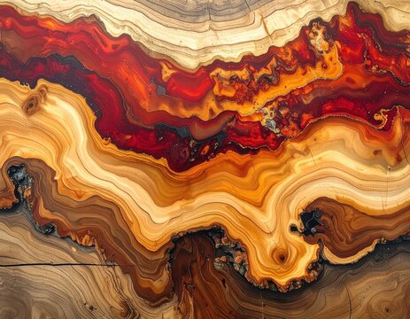 Abstract natural wood grain and agate layers with vibrant red and orange hues