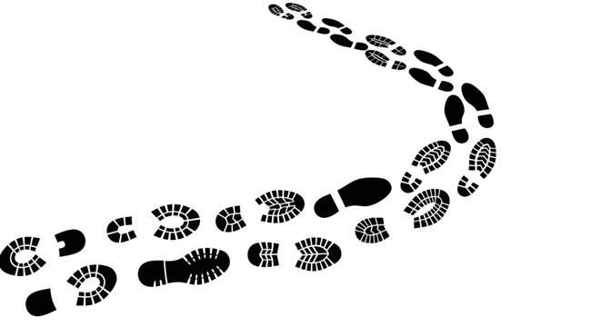 A curving trail of black footprints on a white background.