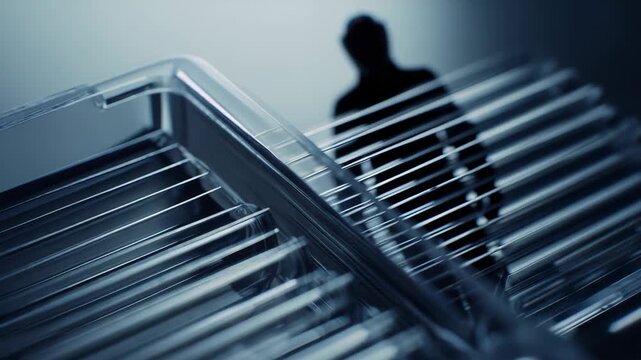 Transparent plastic material with parallel strips forming an abstract pattern, reflecting light and shadow, highlighting structure, clean lines, and modern design
