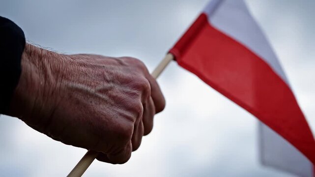 Close up of an elderly hand holding and waving a small Polish flag against a cloudy sky during a national holiday or public protest.