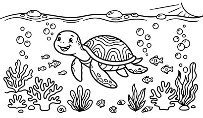 Fototapeta premium Happy Turtle Ocean Coloring Page Vector Illustration for Kids Learning Activities