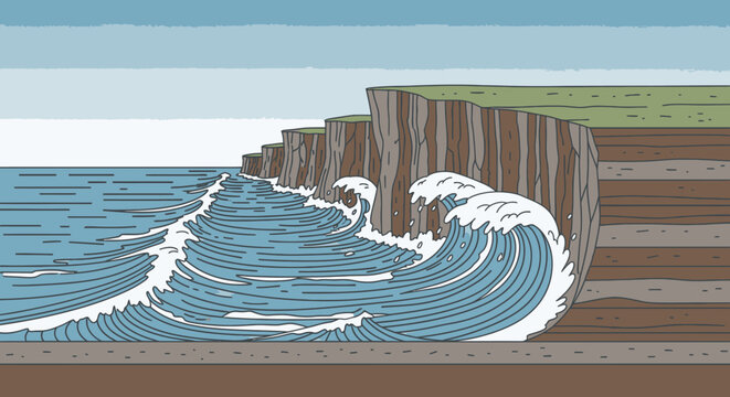Ocean waves crashing against coastal cliff side illustration