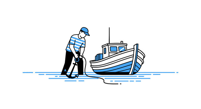 Sailor anchoring boat minimalist illustration of maritime activity