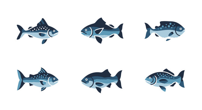 Stylized illustrations of aquatic fish in various poses against a white background