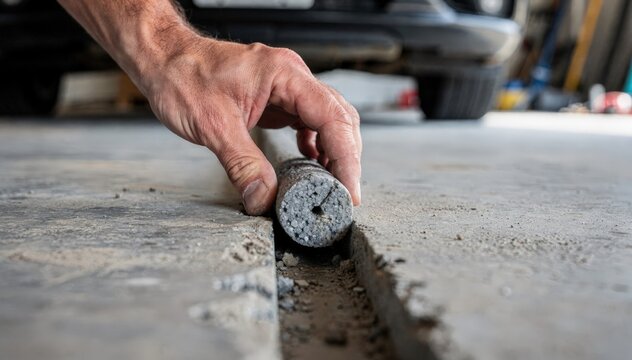 Focused view of a backer rod placement in a concrete joint underneath a car in garage the rod and hand are sharp while tools and background fade softly.