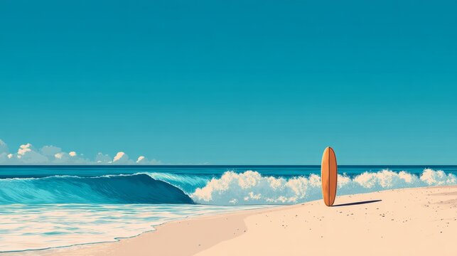 Surfboard on sunny beach with ocean waves under clear blue sky