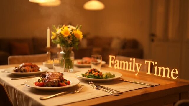 Family Dinner Table Setting, Cozy Evening Meal, Warm Ambiance, Comfort Food Feast
