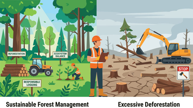 Flat vector infographic comparing sustainable forest management and reforestation with excessive deforestation environmental destruction and heavy machinery in a split screen design.