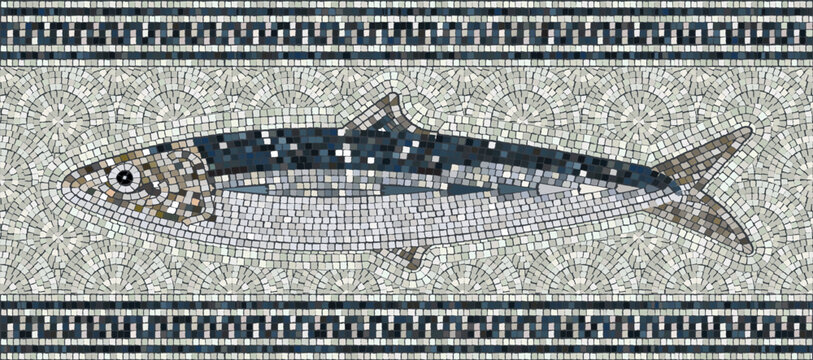 Ancient Roman mosaic pattern in opus tessellatum technique. Authentic antique sardine fish tile vector with Greek wave borders for Mediterranean heritage design and luxury interiors.