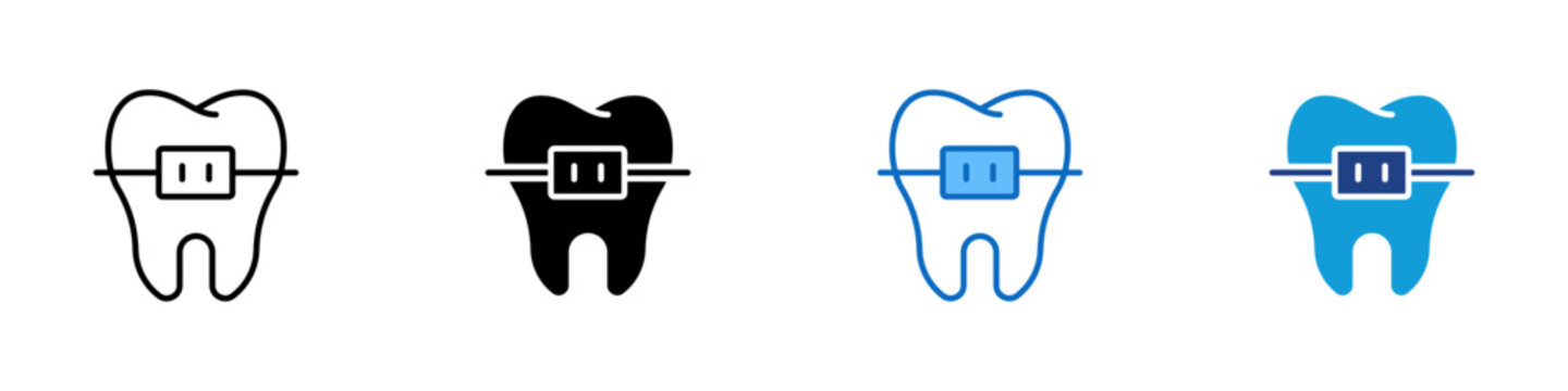 Dental Braces Multiple Style Icon Design Vector - Tooth with braces representing orthodontic treatment, teeth alignment, and corrective dental care