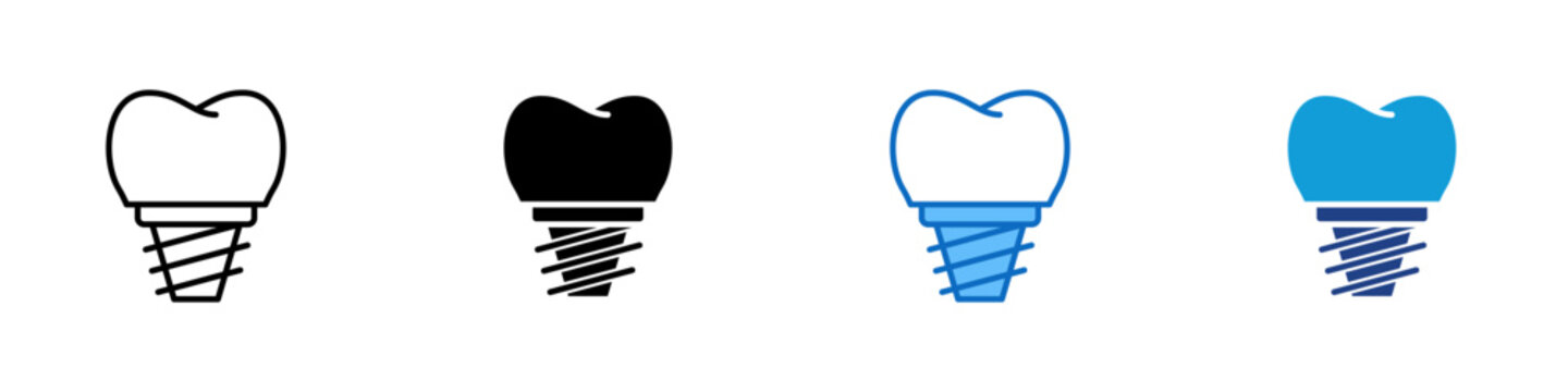 Dental Implant Multiple Style Icon Design Vector - Tooth with implant screw representing prosthetic dentistry, oral restoration, and surgical tooth replacement