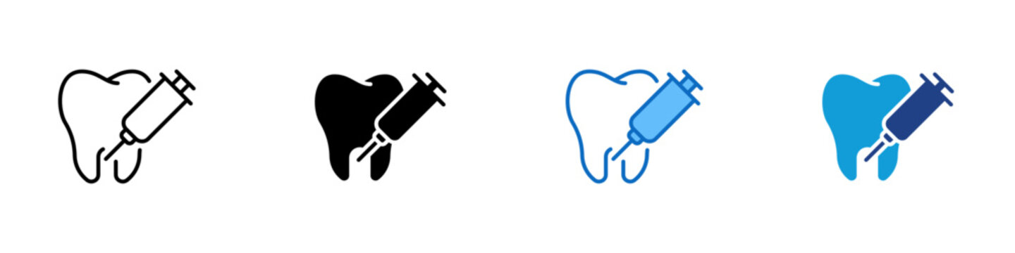Dental Injection Multiple Style Icon Design Vector - Tooth with syringe representing anesthesia treatment, dental procedure, and pain management