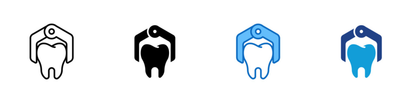 Tooth Extraction Multiple Style Icon Design Vector - Tooth with extraction forceps representing dental surgery, tooth removal, and oral treatment procedures