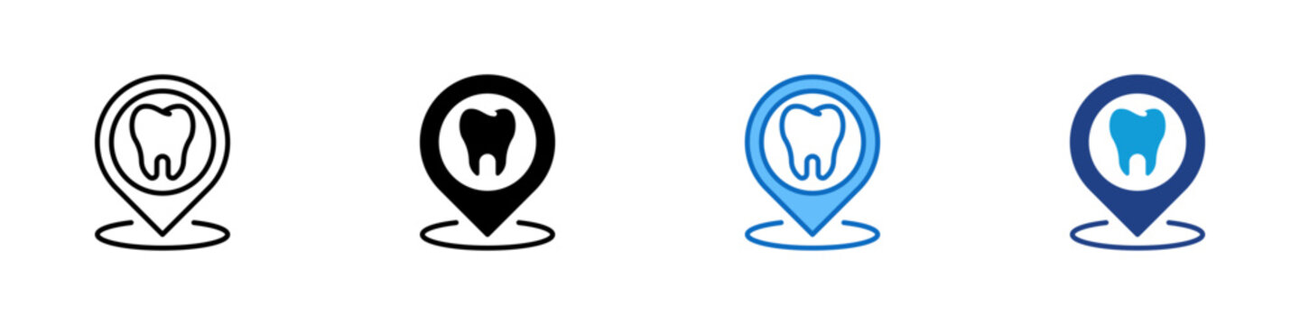 Dental Location Multiple Style Icon Design Vector - Tooth inside map pin representing dental clinic search, healthcare navigation, and medical location services