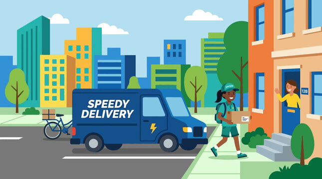 Illustration of speedy delivery service in urban setting with van and worker.