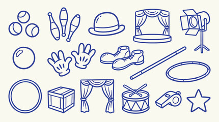 Collection of circus-themed doodle illustrations including juggling balls, a hat, a stage, a spotlight, and other performance elements. © zainab