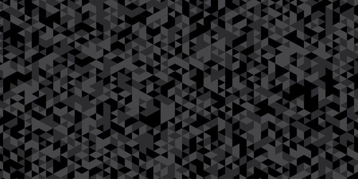 Abstract geometric black and gray background seamless mosaic and low polygon triangle texture wallpaper. Triangle shape retro wall grid pattern geometric ornament tile vector square element.