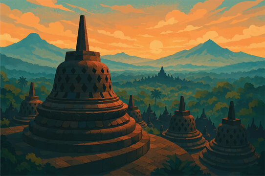 Borobudur temple in Indonesia landscape digital art style, illustration