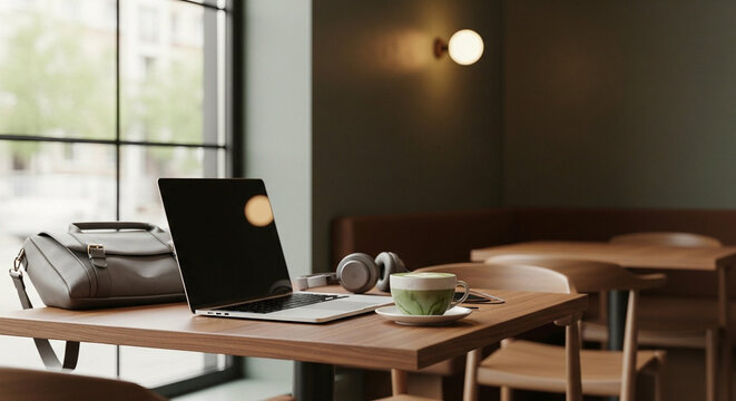 Laptop, Headphones, and Coffee on a Wooden Table in a Cozy Cafe Interior with Natural Light