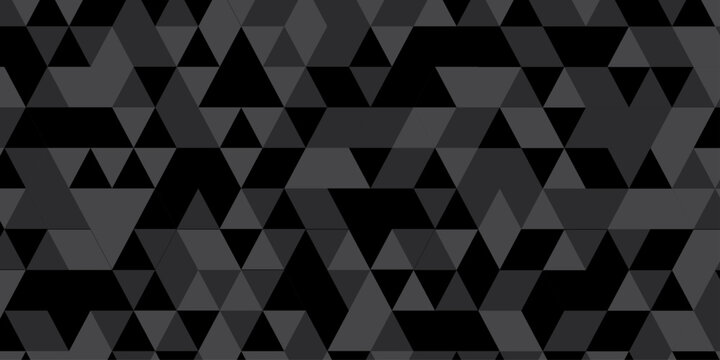 Abstract geometric black and gray background seamless mosaic and low polygon triangle texture wallpaper. Triangle shape retro wall grid pattern geometric ornament tile vector square element.