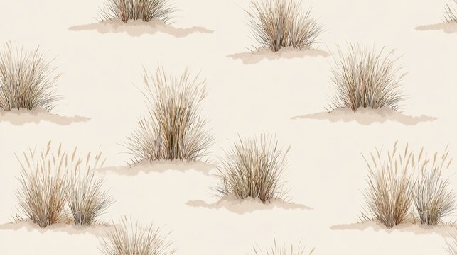 Seamless pattern of dry grass tufts on soft beige background