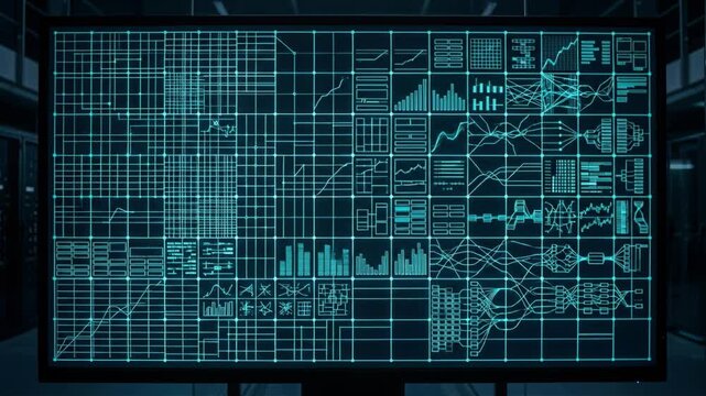 Data Dashboard with Network Charts and Analytics Grid on Digital Screen