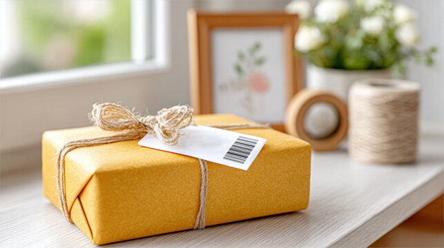 Wrapped gift box with barcode tag on bright packing station tabletop for shipping label mockup and e commerce packaging scene