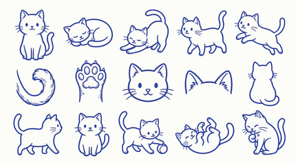 Set of cute hand-drawn cartoon cat illustrations in various poses and expressions, perfect for children's designs and pet-related content. © zainab
