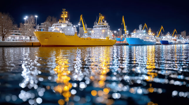 Row of moored cargo ships and cranes at night with shimmering water reflections for industrial port background and banner design