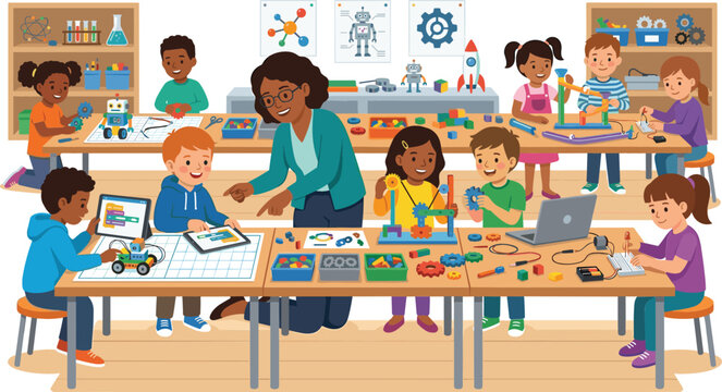 Diverse elementary students and teacher collaborating in a STEM makerspace building robots coding and exploring mechanical engineering in modern classroom vector.