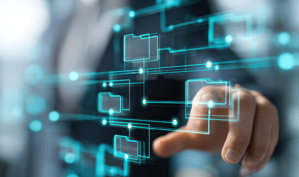 Businessman reaching toward layered holographic folders and connection lines for enterprise data architecture and file system interface wallpaper