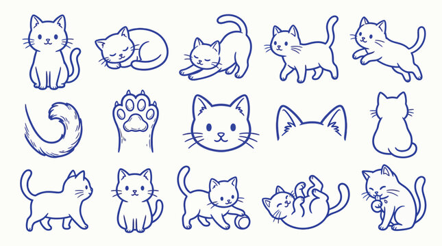 Set of cute hand-drawn cartoon cat illustrations in various poses and expressions, perfect for children's designs and pet-related content.