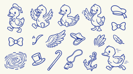 Fototapeta premium Cute cartoon ducklings and accessories doodle set in blue ink on a light background.