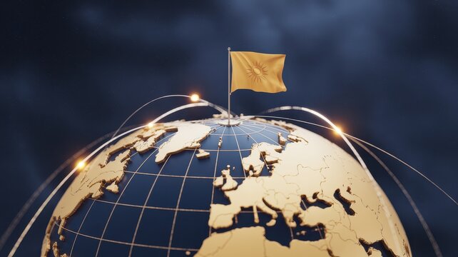 Golden Earth globe with yellow flag and glowing global network connections in dark space