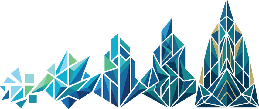 Abstract skyline composition features sharp crystal facets in blue.