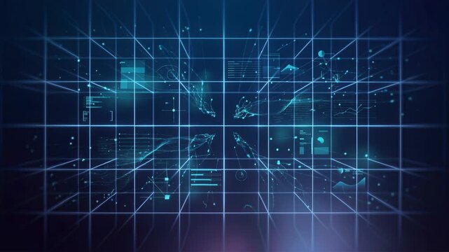 Digital Data Grid with Glowing Network Lines and Futuristic Interface