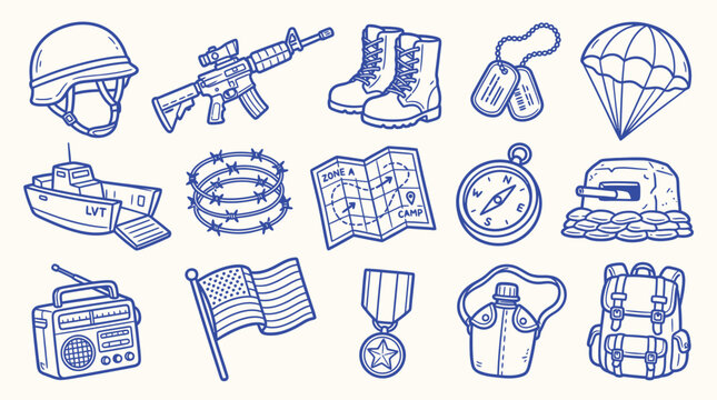 Collection of military-themed doodle icons, including a helmet, rifle, boots, dog tags, parachute, and other army-related items.