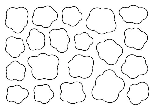 Minimalist speech bubble outline set, black thin line cloud shapes, amorphous organic frames, irregular comic dialog box collection, isolated fluid pebble borders vector illustration.