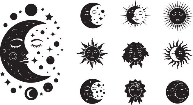 Celestial sun and moon phases hand drawn esoteric vector set