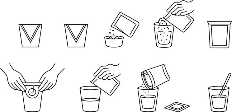 Set of instruction line icons showing how to open sachet pour powder into glass of water and stir