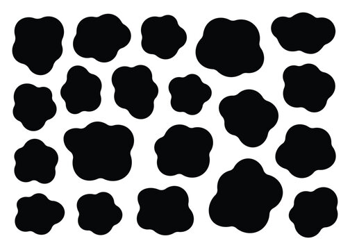 Black amorphous blob silhouettes, speech bubble cloud shapes, organic irregular ink splatters, fluid liquid stains, abstract comic element set, isolated dark pebble collection vector illustration.