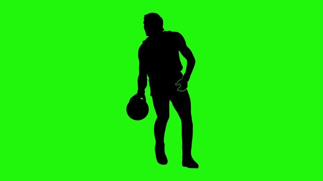 seamless loop silhouette animation of basketball player dribbling ball with green screen background
