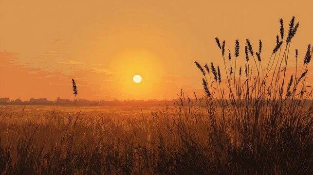 Serene sunset over prairie landscape with silhouetted grasses