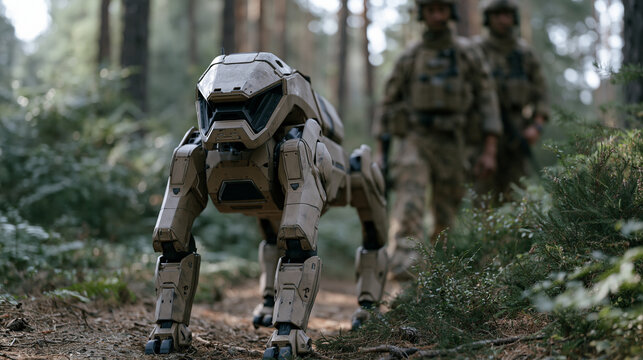 Rugged quadruped robot dog advancing through dense woodland terrain beside two soldiers in tactical gear, reconnaissance mission, military robotics, autonomous defense technology,