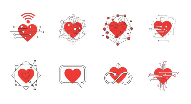 Set of digital heart icons representing love technology and network connections