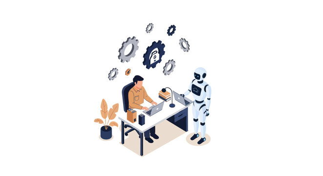 Isometric illustration of a man and a robot working together at an office desk with gears