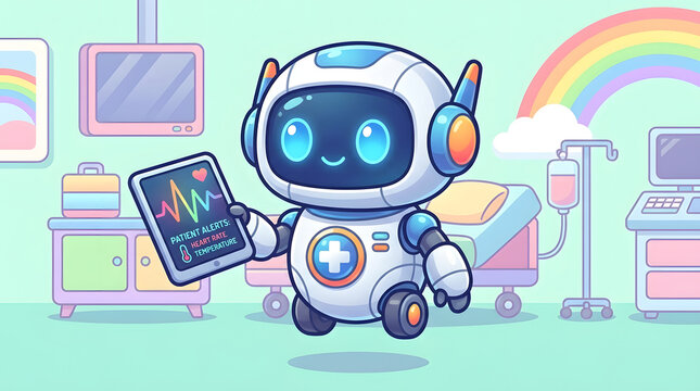 Cute chibi intelligent healthcare monitoring robot holding a patient health monitor tablet in a hospital room.
