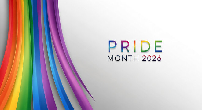 Rainbow-colored curved strips on a white background with the words "Pride Month 2026", symbolizing LGBTQ+ pride and celebration, with free space for text.