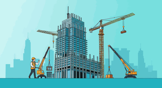 Modern building construction site with workers and cranes in a city skyline.