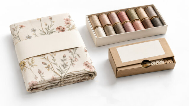 Floral fabric sewing kit with thread spools buttons and lace notions
